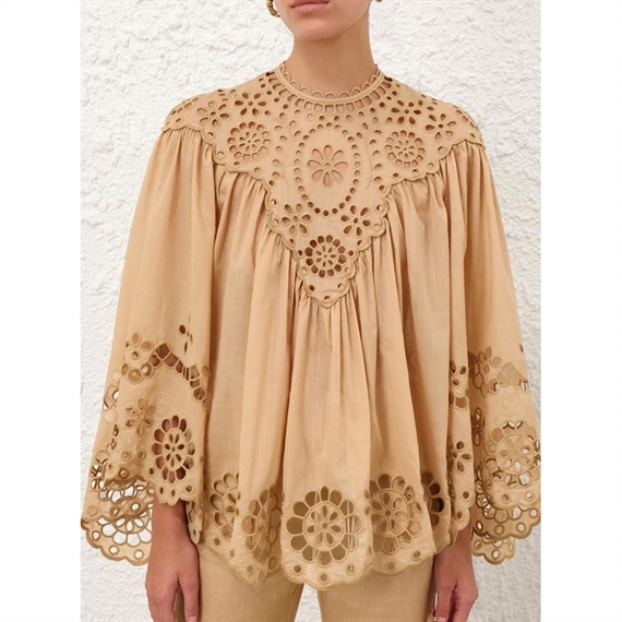 Zimmermann Awaken Embroidered Yoke Blouse, Straw